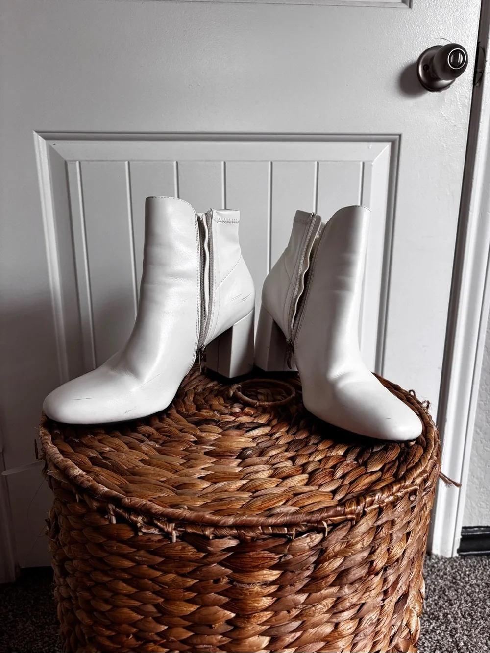 Women's White Block Heel Ankle Boots